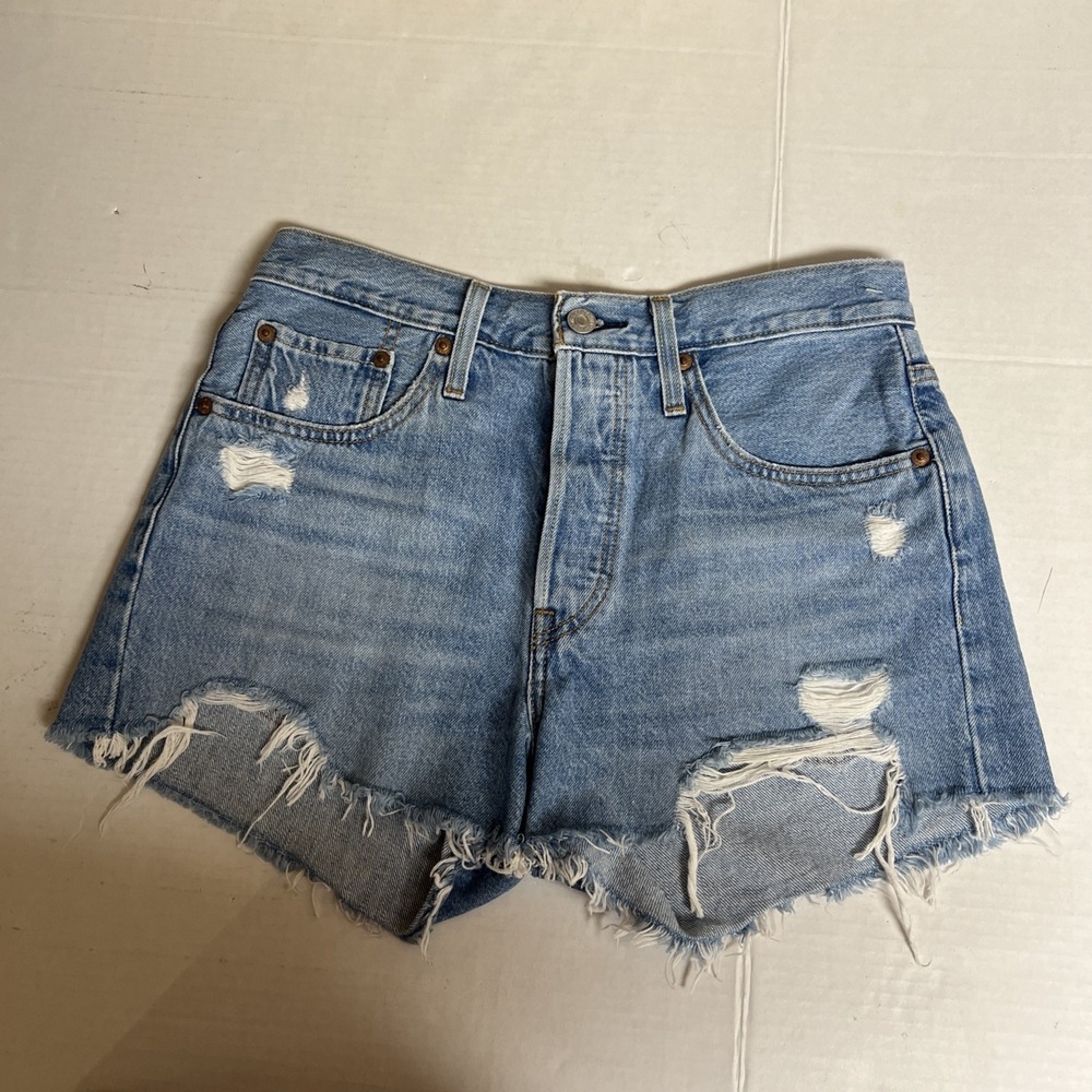 Levis 501 Shorts Womens 27 Blue Button Fly Cut Off Denim High Rise Distressed